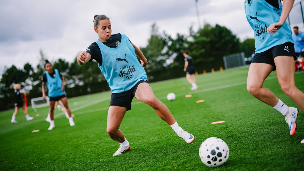 STEP TO IT : Iman Beney reaches for the loose ball