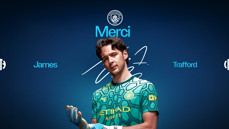 Man City image with Merci text, player in goalkeeper attire, and Manchester City crest.