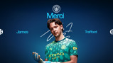Man City image with Merci text, player in goalkeeper attire, and Manchester City crest.