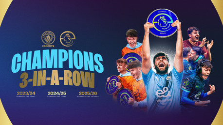 Manchester City Esports team celebrates their third consecutive ePremier League championship with players holding trophies.