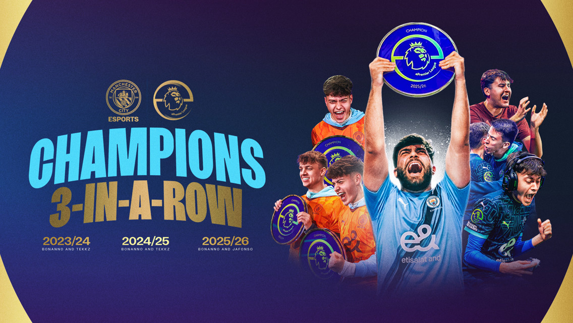Manchester City Esports team celebrates their third consecutive ePremier League championship with players holding trophies.