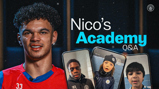 A graphic design featuring a text 'Nico's Academy Q&A' with various obscured faces on cropped phone screens. There's a Manchester City logo in the top corner.