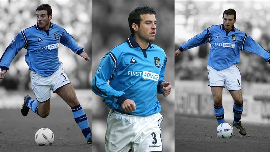 Three images of a football player in a Manchester City kit with the number 3, wearing a jersey with the 'FIRST ADVICE' sponsor logo. The player's face is obscured.