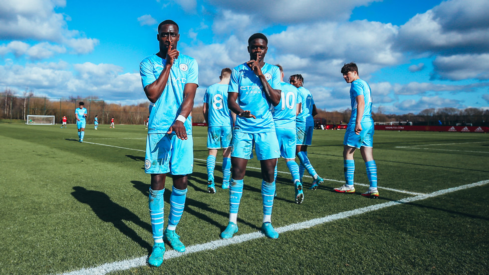 BORGES BEGINS BIG CITY WEEKENDER : Carlos Borges celebrates his hat-trick as our Under-18s kicked-off the Big City Weekender with a 5-1 win over Manchester United, 5 March 2022.
