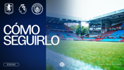 Match information showing Aston Villa vs Manchester City logos with the text 'Cómo Seguirlo', date 'Sábado 24 de Octubre', and '12:30 UK'. The background shows an empty stadium.