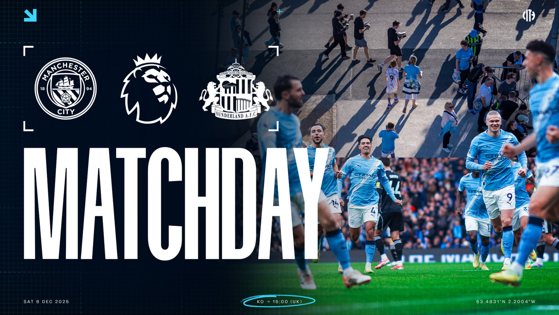 Manchester City vs Sunderland AFC Premier League matchday image featuring logos and Etihad Stadium crowd. Match date: Sat 6 Dec 2025; Kick-off at 15:00 UK time.
