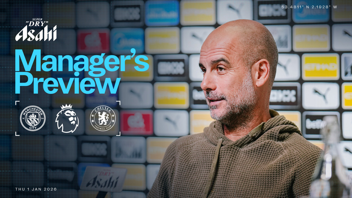 A graphic titled 'Manager's Preview' for a match between Manchester City and Chelsea, featuring Premier League logos and branding from Asahi. Date shown is Thu 1 Jan 2026. Coordinates are also shown.