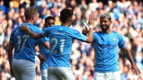 DREAM TEAM: Kevin de Bruyne, David Silva and Sergio Aguero celebrate City's third goal of the afternoon.