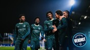 Manchester City players celebrating a goal, wearing a dark green Puma kit with Etihad Airways sponsorship. The 'Official Verdict' watermark is visible.