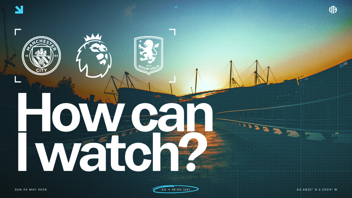 Promotional graphic for Manchester City vs Aston Villa Premier League match on May 24, 2026, set in Etihad Stadium.