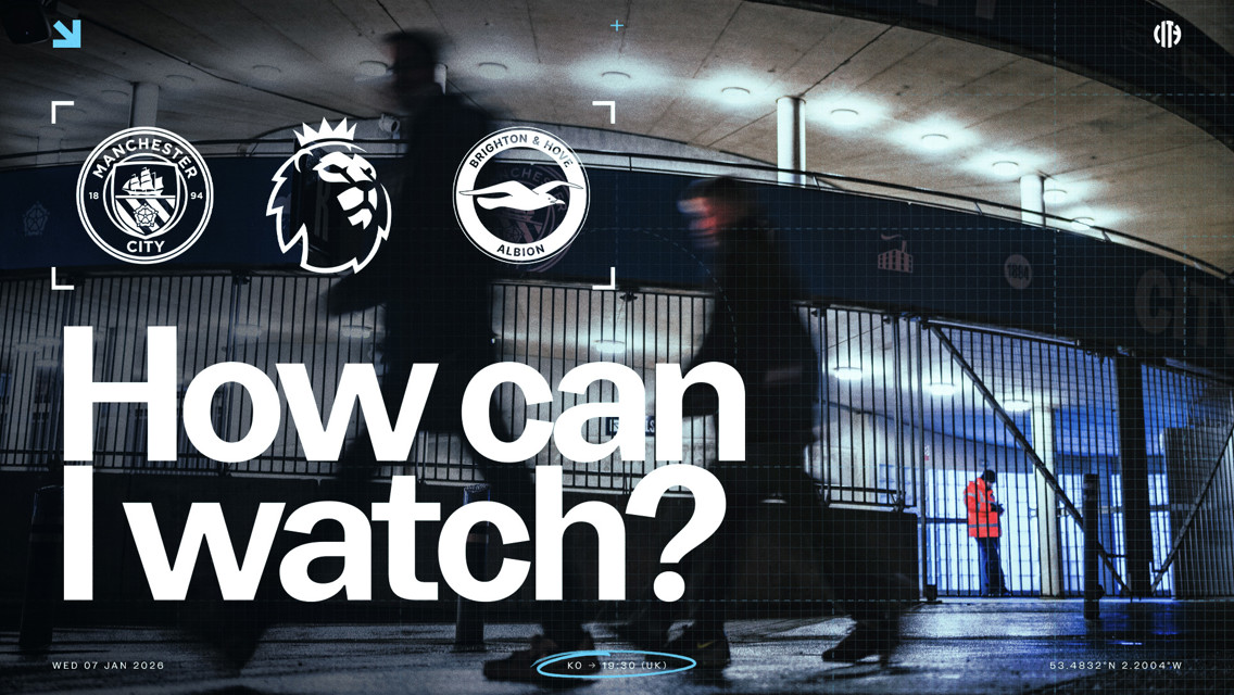 Blurred image of people walking outside a stadium entrance. Logos of Manchester City, Brighton & Hove Albion, and Premier League appear. Text reads 'How can I watch?' with kickoff time: Wed 07 Jan 2026, 19:30 (UK).