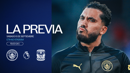 Match preview graphic for Manchester City vs Coventry City on Saturday, September 5 at Etihad Stadium, kickoff at 15:00 UK time. Features Manchester City and Coventry City logos and a player's image.