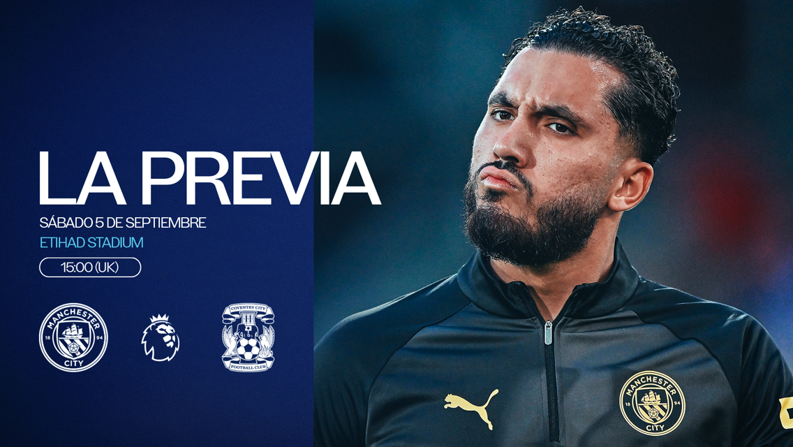 Match preview graphic for Manchester City vs Coventry City on Saturday, September 5 at Etihad Stadium, kickoff at 15:00 UK time. Features Manchester City and Coventry City logos and a player's image.