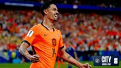 Netherlands football player wearing orange jersey with number 14 celebrates. City World Cup badge visible. Crowd cheering in the background.