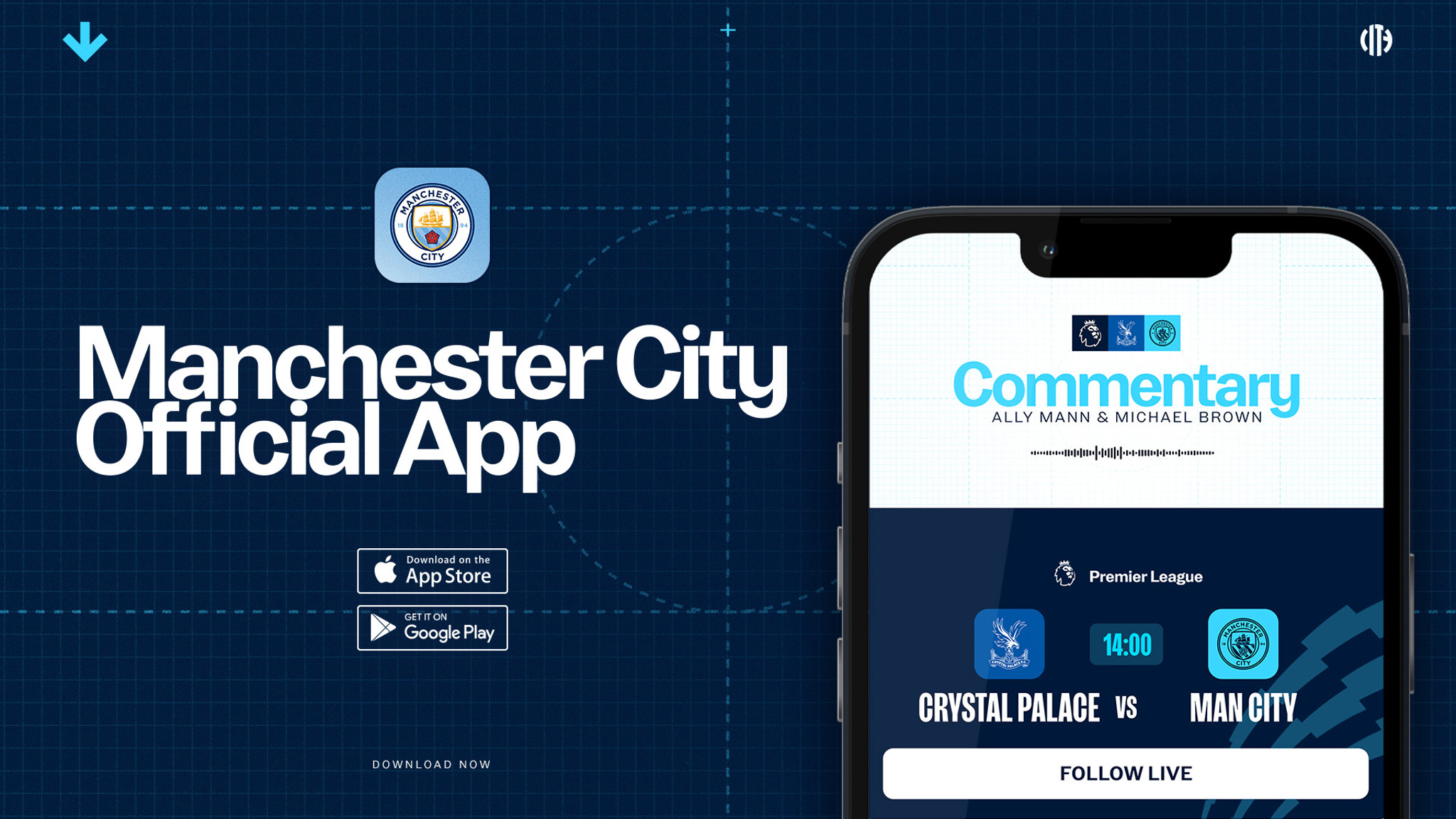Promotional image for the Manchester City Official App. It features app availability on the App Store and Google Play and provides live commentary for the Crystal Palace vs. Man City match.
