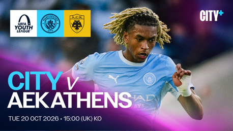 UEFA Youth League match poster featuring Manchester City vs AEK Athens on Tue 20 Oct 2026 at 15:00 UK time. Includes City+ branding and a Manchester City player in action.