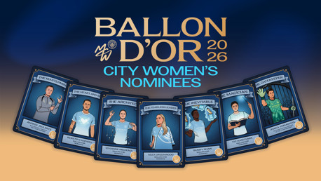 Illustration depicting nominees for the Ballon d'Or 2026 from Manchester City's women's team. Featured are Vivianne Miedema, Alex Greenwood, Bunny Shaw, Yui Hasegawa, and Ayaka Yamashita along with coach Andree Jeglertz.
