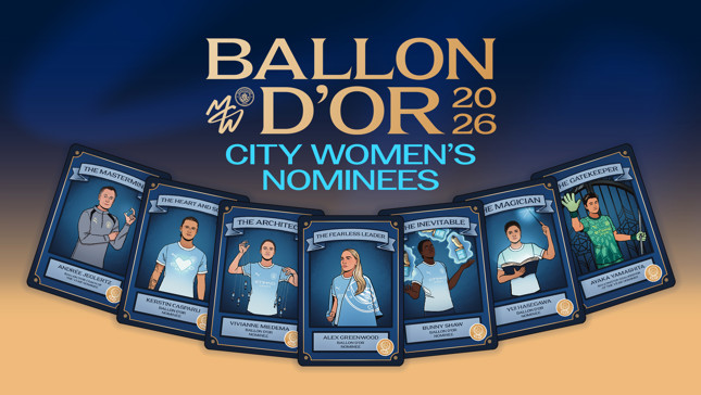 Illustration depicting nominees for the Ballon d'Or 2026 from Manchester City's women's team. Featured are Vivianne Miedema, Alex Greenwood, Bunny Shaw, Yui Hasegawa, and Ayaka Yamashita along with coach Andree Jeglertz.