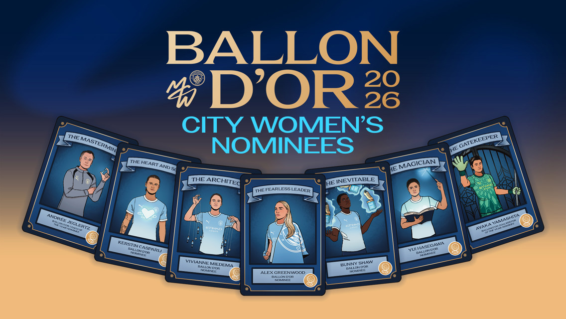 Illustration depicting nominees for the Ballon d'Or 2026 from Manchester City's women's team. Featured are Vivianne Miedema, Alex Greenwood, Bunny Shaw, Yui Hasegawa, and Ayaka Yamashita along with coach Andree Jeglertz.
