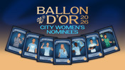 Illustration depicting nominees for the Ballon d'Or 2026 from Manchester City's women's team. Featured are Vivianne Miedema, Alex Greenwood, Bunny Shaw, Yui Hasegawa, and Ayaka Yamashita along with coach Andree Jeglertz.