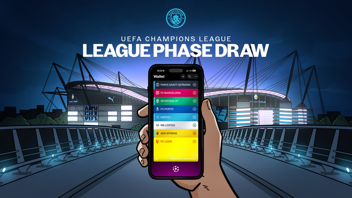 A hand holding a phone displaying a UEFA Champions League draw list in front of a lit-up stadium at night.