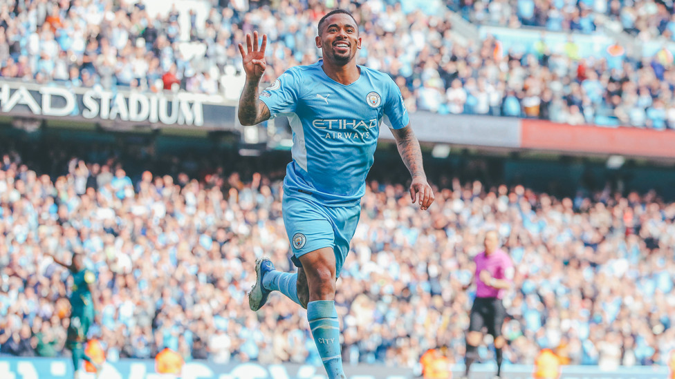 HORNETS STUNG : Gabriel celebrates one of his four strikes against Watford in a 5-1 win, 23 April 2022.