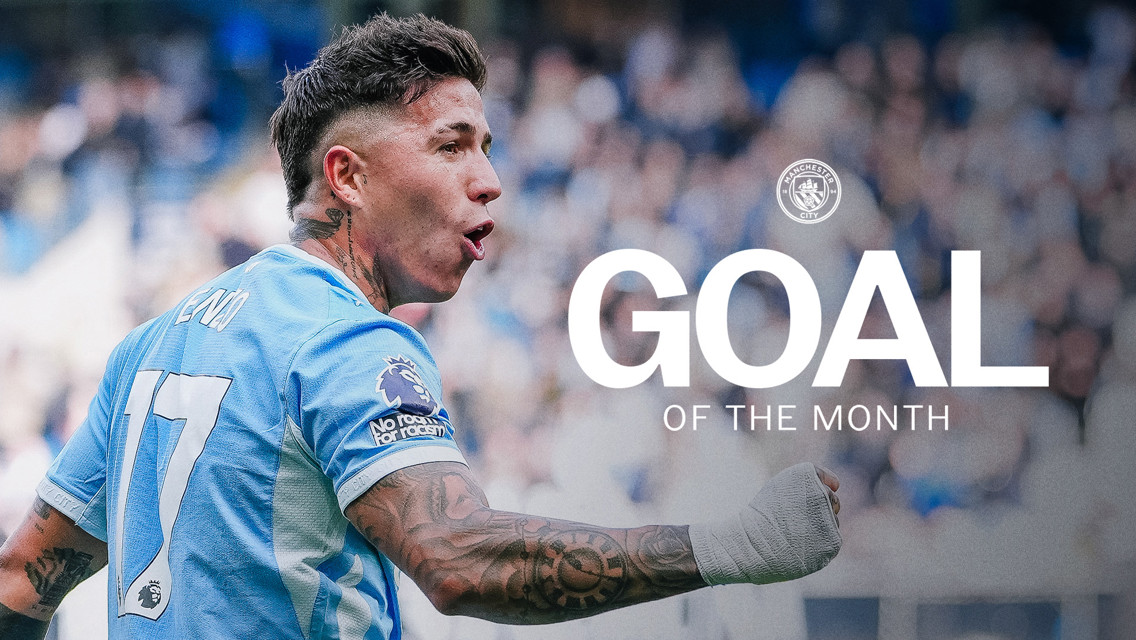 Manchester City player celebrating with 'Goal of the Month' text overlay, wearing jersey number 17. Premier League badge visible, Manchester City logo present.