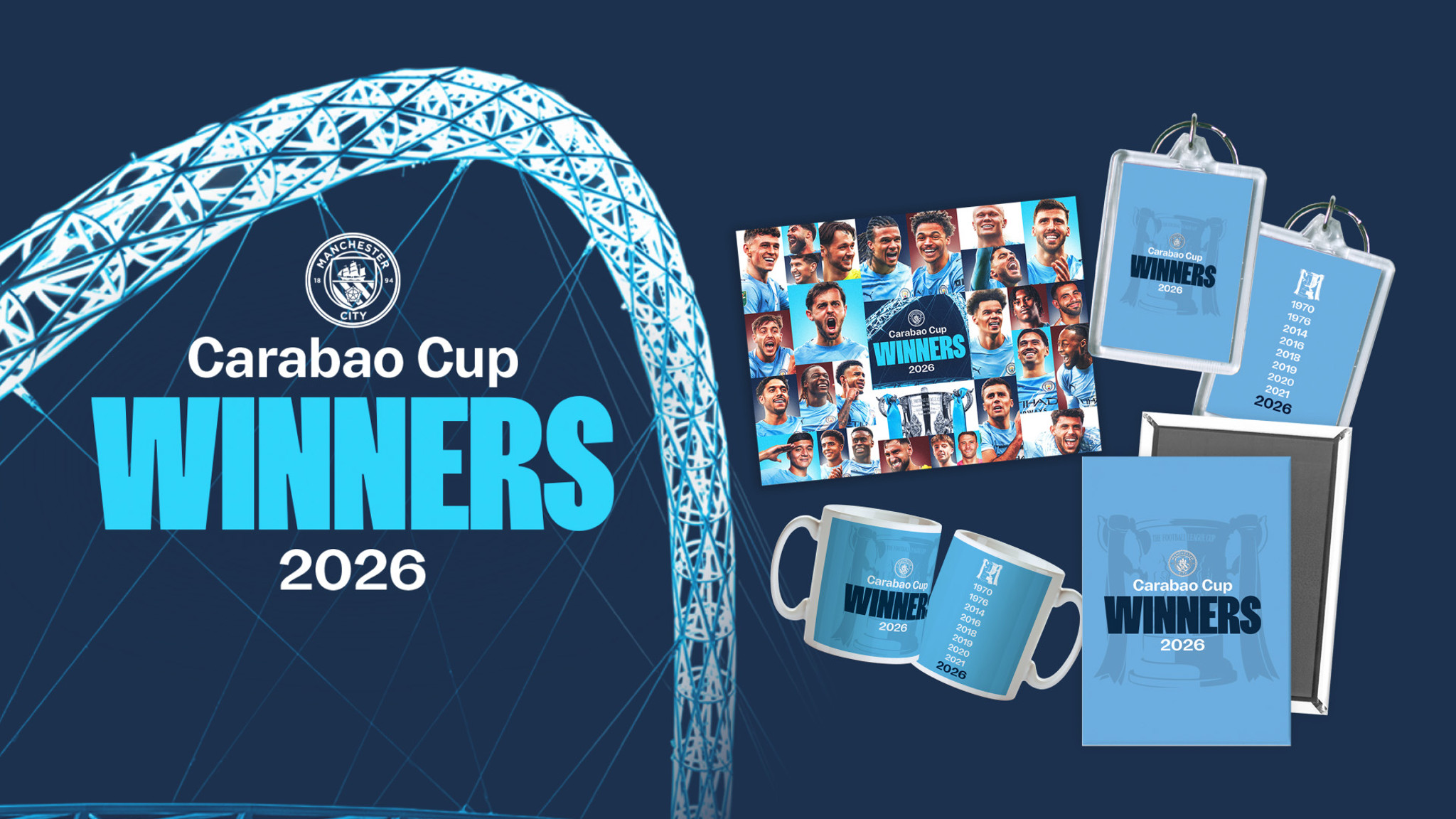 Manchester City Carabao Cup 2026 Winners merchandise with mugs, posters, and keychains. Featured text includes 'Carabao Cup Winners 2026'.