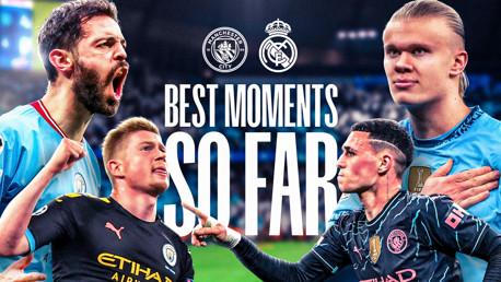 Image showing blurred soccer players from Manchester City and Real Madrid with the text 'Best Moments So Far' and team logos in the background.