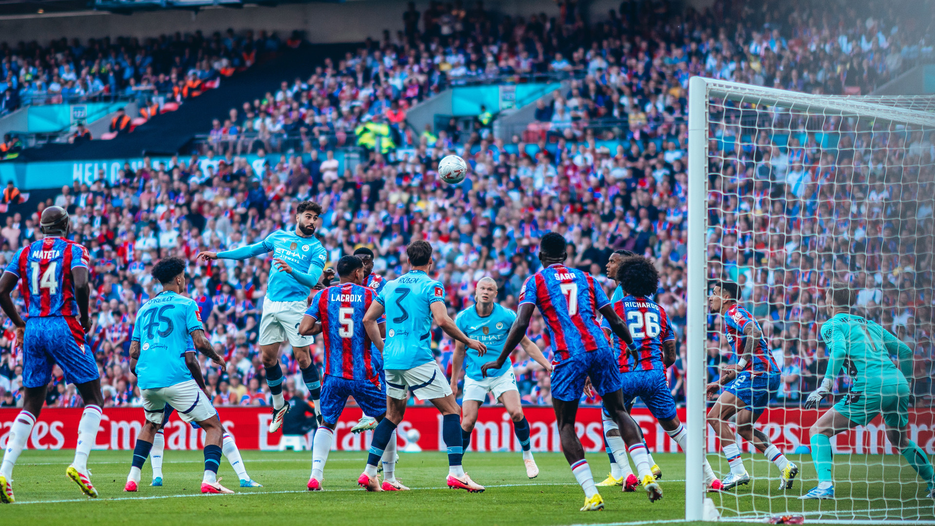 UP AND AT 'EM: Josko Gvardiol powers in an early header.