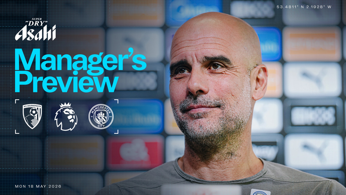 Poster for a Manager's Preview featuring AFC Bournemouth and Manchester City logos, supported by the Premier League with the date Mon 18 May 2026 and geographical coordinates visible.