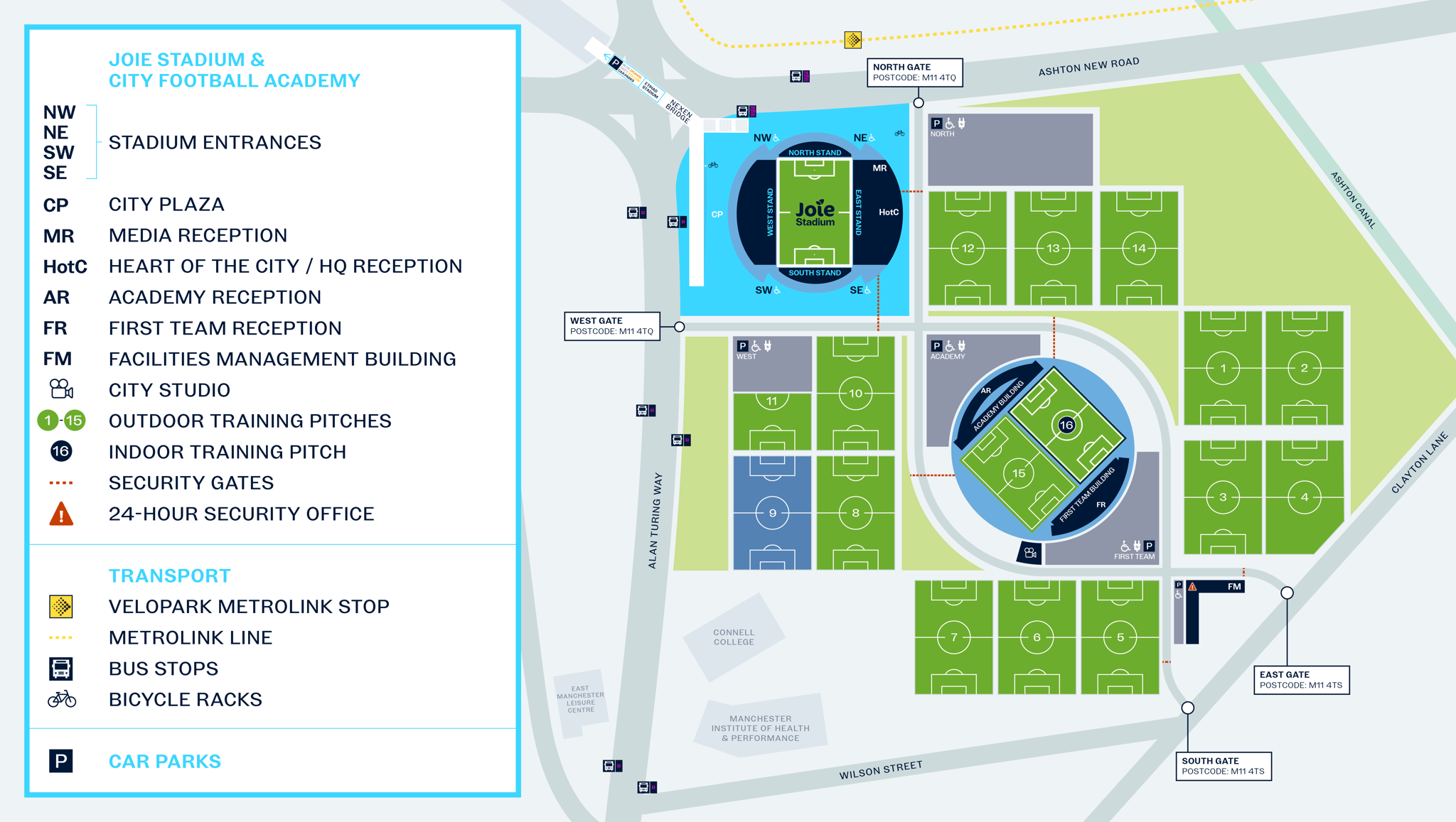A detailed map of Joie Stadium and City Football Academy showing various locations such as stadium entrances, training pitches, receptions, and transport options.