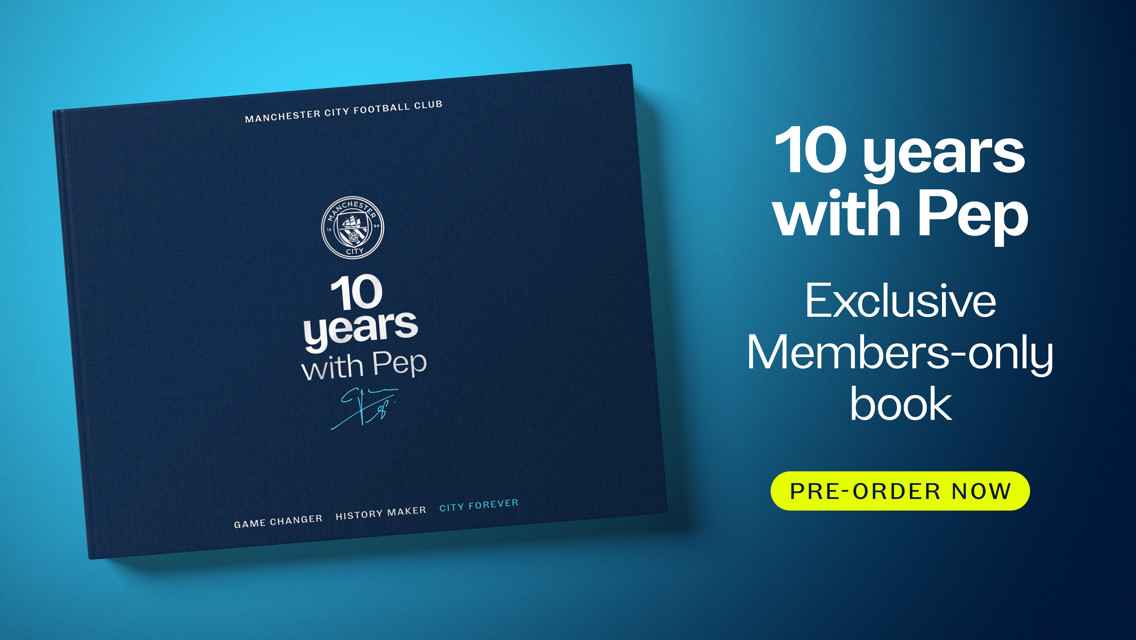 Manchester City Football Club promotional image featuring a book titled '10 years with Pep.' The book is exclusive to members and available for pre-order.