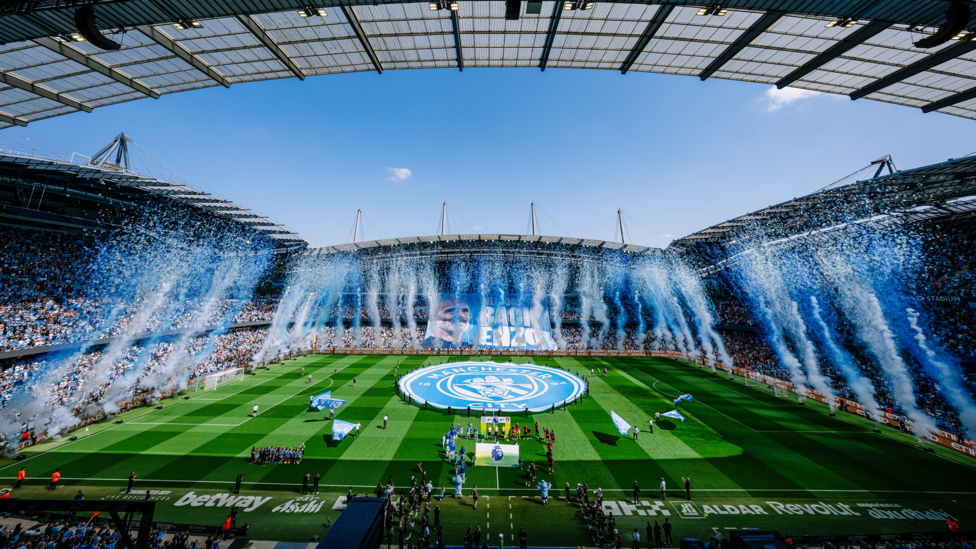 OPENING GAMBIT: Fireworks illuminate the Etihad ahead of kick-off.