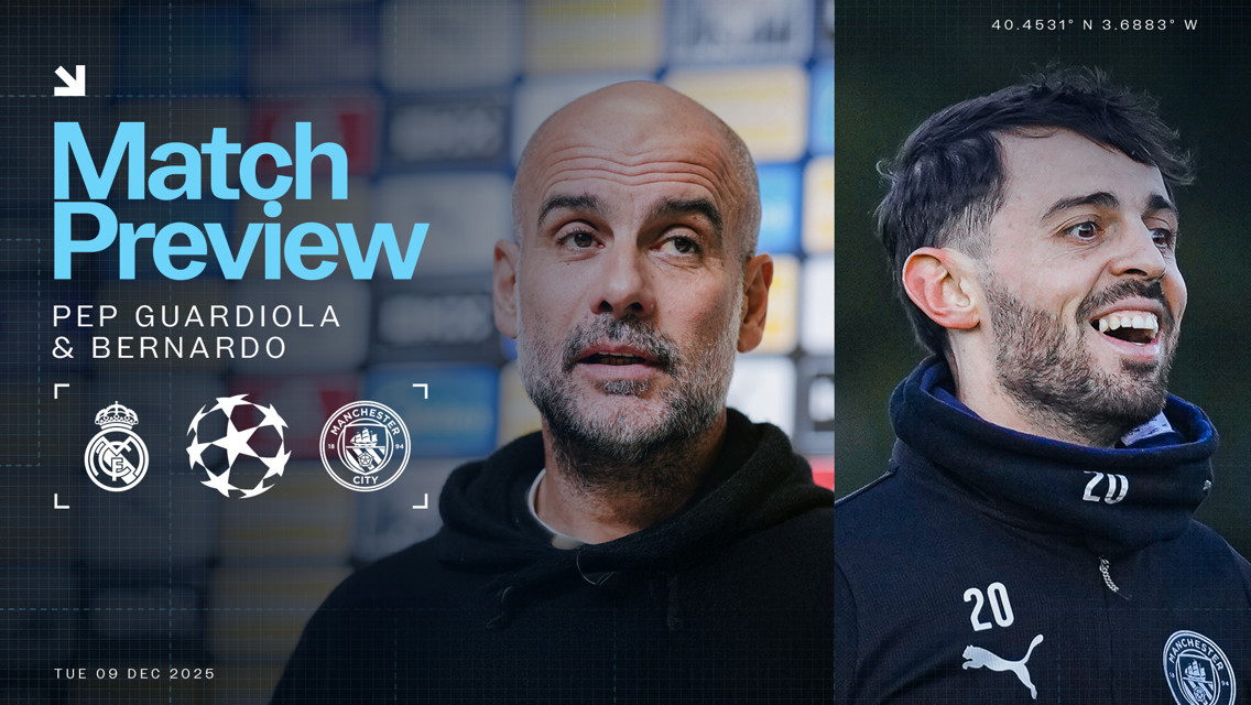 Image promoting a UEFA Champions League match on December 9, 2025, between Real Madrid and Manchester City, featuring Pep Guardiola and Bernardo Silva.