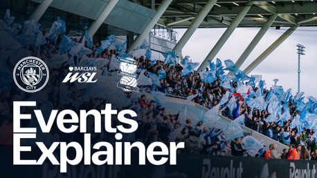 Crowd with flags at a Manchester City vs Birmingham City WSL match. Includes logos for Manchester City and Birmingham City football clubs.