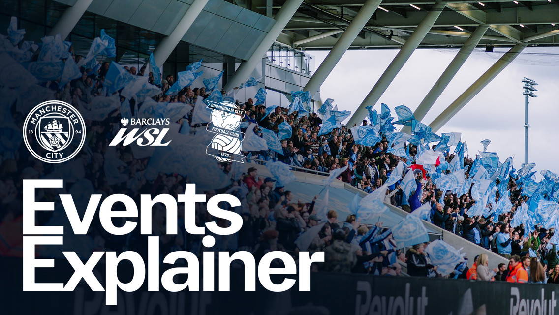 Crowd with flags at a Manchester City vs Birmingham City WSL match. Includes logos for Manchester City and Birmingham City football clubs.