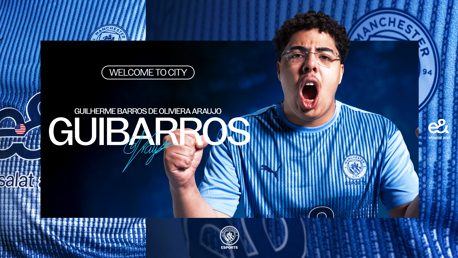 A person in a Manchester City Esports shirt with the text 'Welcome to City' and 'Guibarras Plays' overlaid. The design includes logos of Manchester City Esports and Etisalat. The shirt features blue stripes.