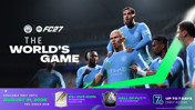 Promotional image featuring Manchester City's team graphics for FC27, highlighting a preorder offer available until August 31, 2026, with bonuses including an 85+ OVR Icon and Hall of FUT.