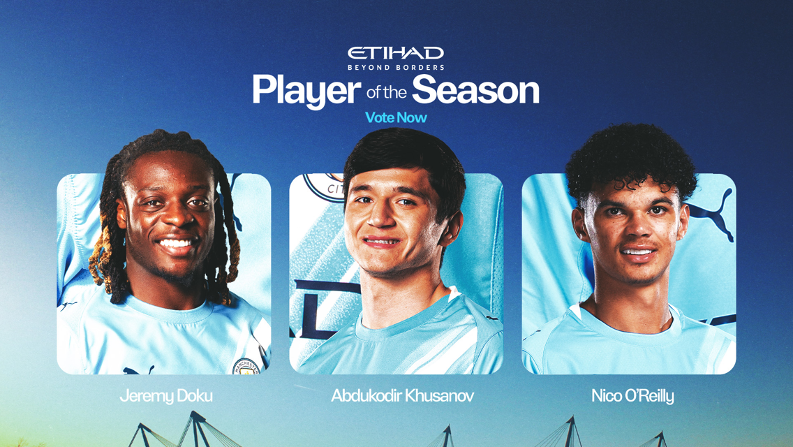 Manchester City Player of the Season voting poster featuring Jeremy Doku, Abdukodir Khusanov, and Nico O'Reilly with Etihad branding.