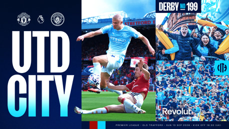 Promotional image for the Manchester United vs Manchester City football match at Old Trafford on September 13, 2026. Features action shots and crowd images, with the text 'UTD CITY' and 'DERBY NO 199'.