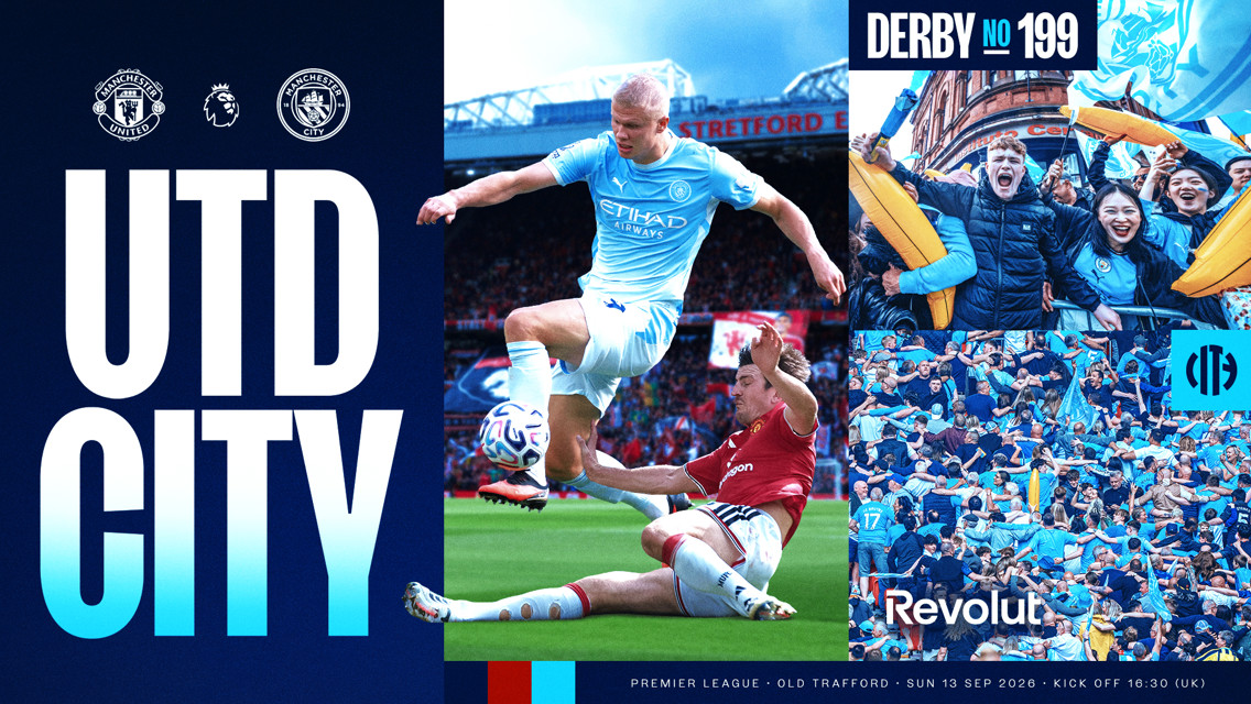 Promotional image for the Manchester United vs Manchester City football match at Old Trafford on September 13, 2026. Features action shots and crowd images, with the text 'UTD CITY' and 'DERBY NO 199'.