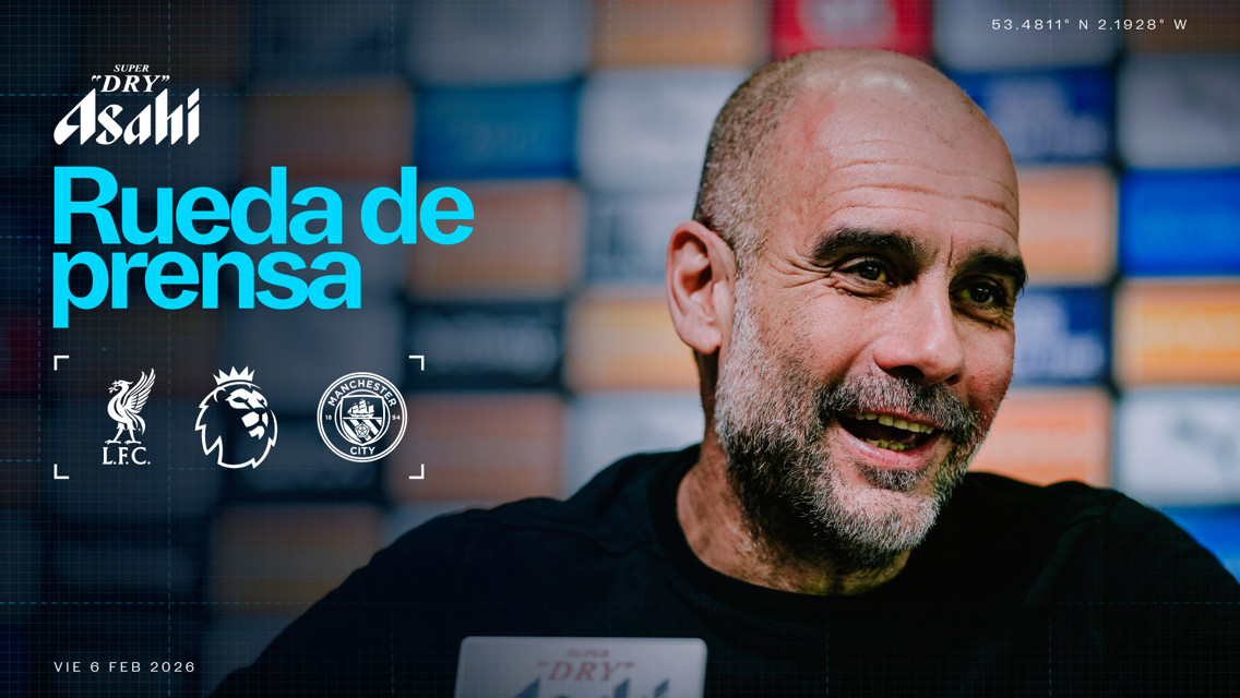 Press conference advertisement featuring Liverpool FC, Premier League, and Manchester City logos with a blurred face in the background.