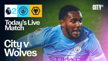 Matchday banner for Manchester City vs Wolves displaying the Premier League logo, the Man City logo, the Wolves logo, and the match score of 2.