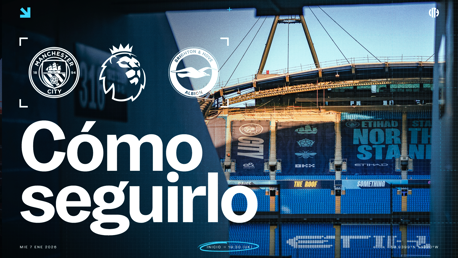 Promotional image for Manchester City vs. Brighton & Hove Albion match on Jan 7, 2026 at Etihad Stadium. Premier League logos featured.