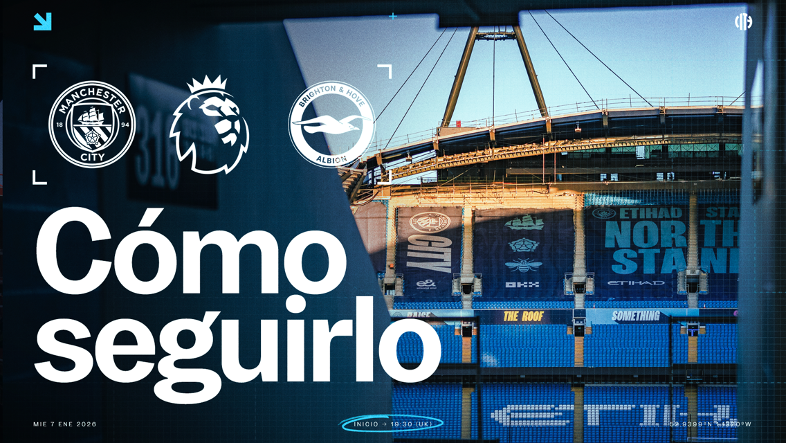 Promotional image for Manchester City vs. Brighton & Hove Albion match on Jan 7, 2026 at Etihad Stadium. Premier League logos featured.
