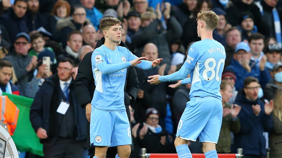 YOUNG GUNS : Palmer makes way for James McAtee's Premier League debut, surely the first of many. 