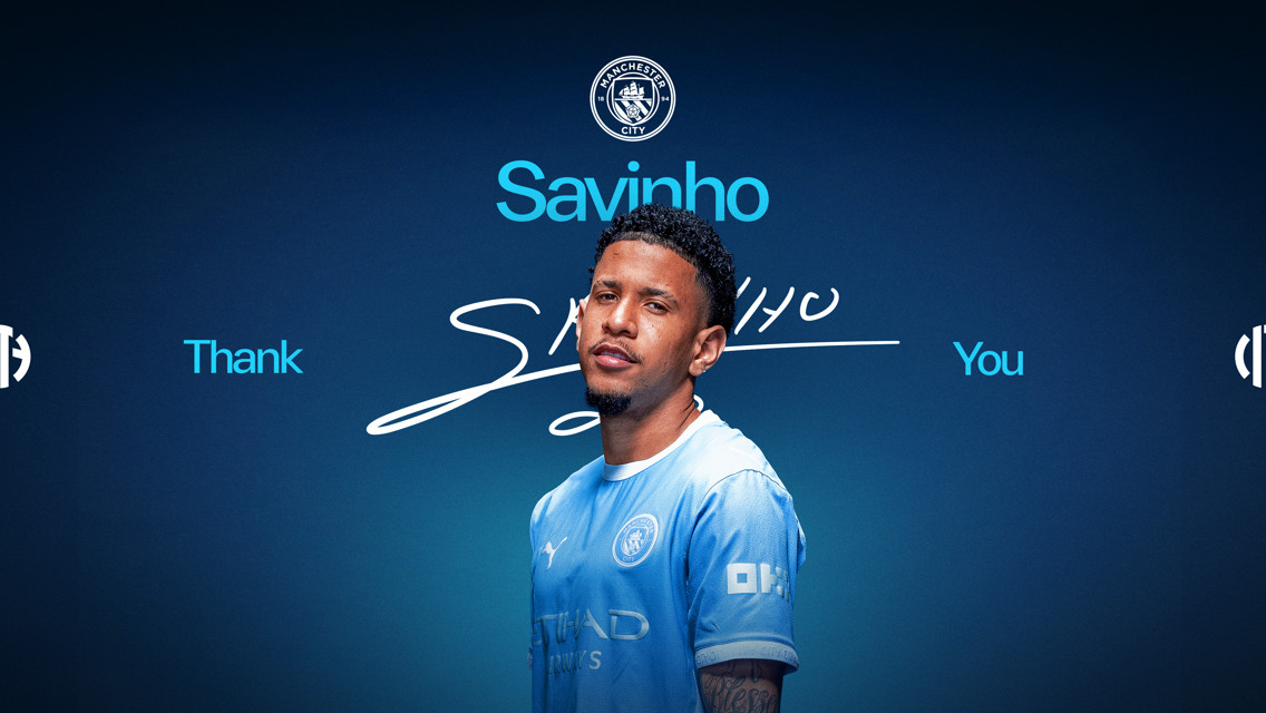 A graphic featuring a football player with the name Savinho, wearing a Manchester City jersey. The background is blue with the Manchester City logo at the top and the text 'Thank You.'