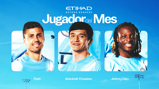 Graphic featuring three nominees for Player of the Month in October. Includes Rodri, Abdukodir Khusanov, and Jeremy Doku.