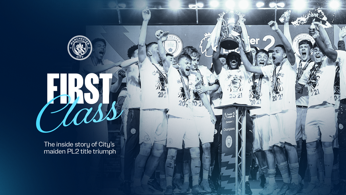 Manchester City players celebrate their Premier League 2 title triumph. The image features players in championship shirts hoisting the trophy on stage.